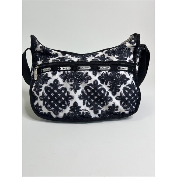 LeSportsac Black White Geometric Shoulder Bag Nylon Zip Handbag Purse - Picture 3 of 8